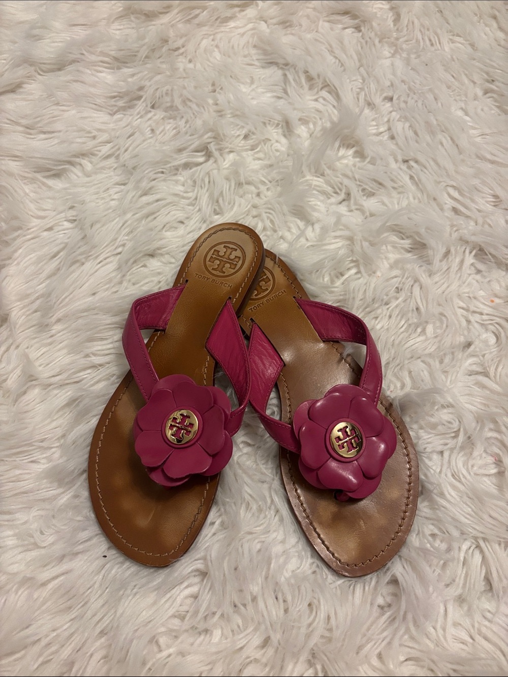 Tory Burch Fuchsia Floral Leather Thong Sandals